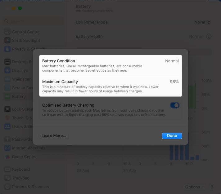 Monitor Battery Condition, Maximum Capacity in system settings