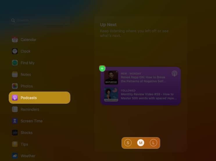 Select Podcast Widget, size, add widget