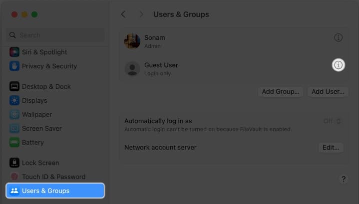 Select Users and Groups and click the i icon next to Guest User