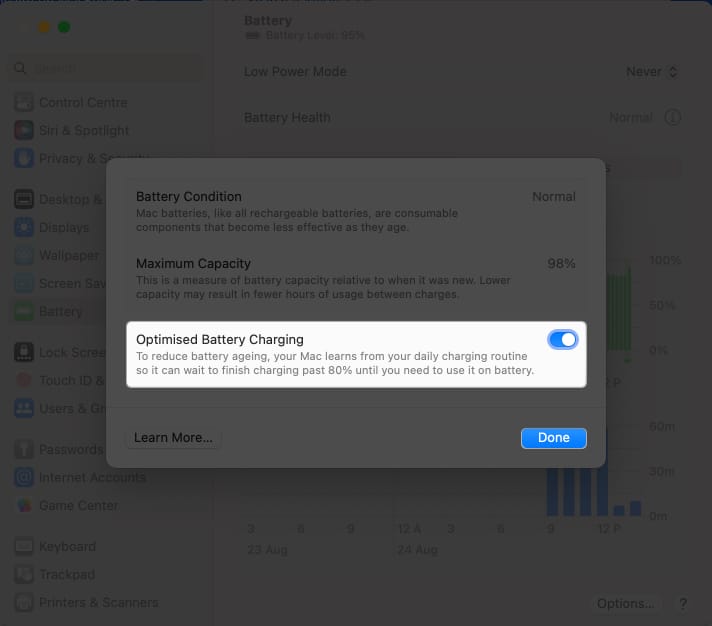 Toggle on optimised battery charging in system settings