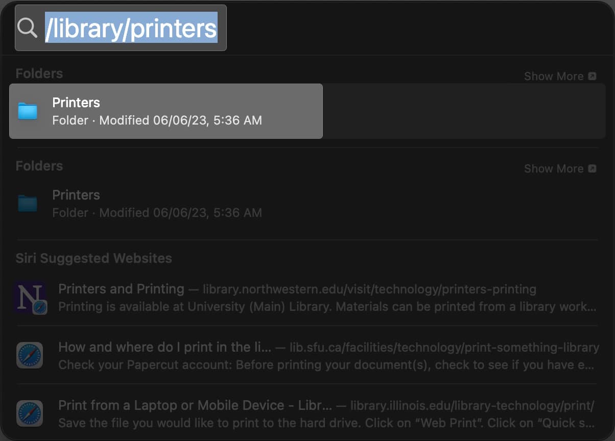 Access Spotlight and lookup /library/printers