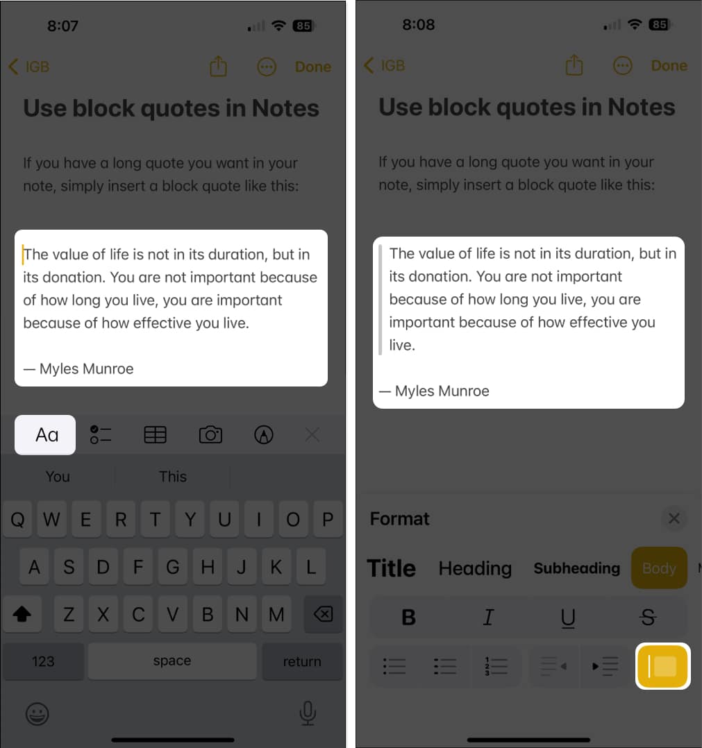 Add block quotes in Notes on iPhone