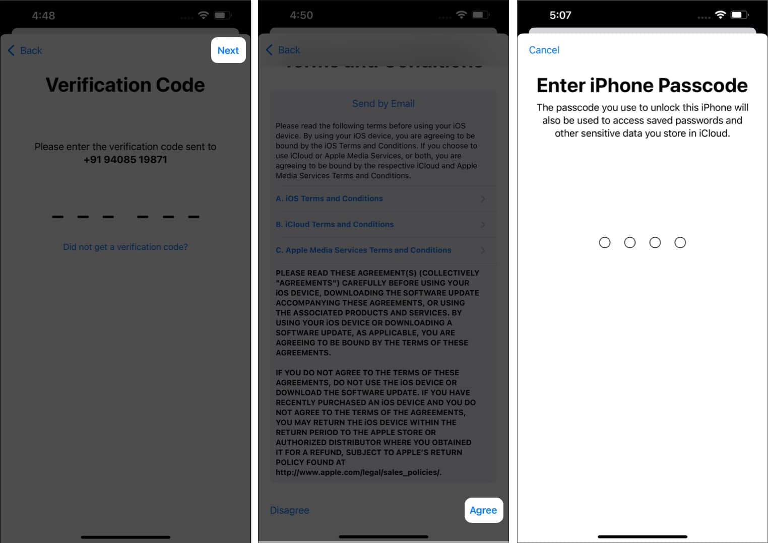 Press next agree iPhone passcode in settings app
