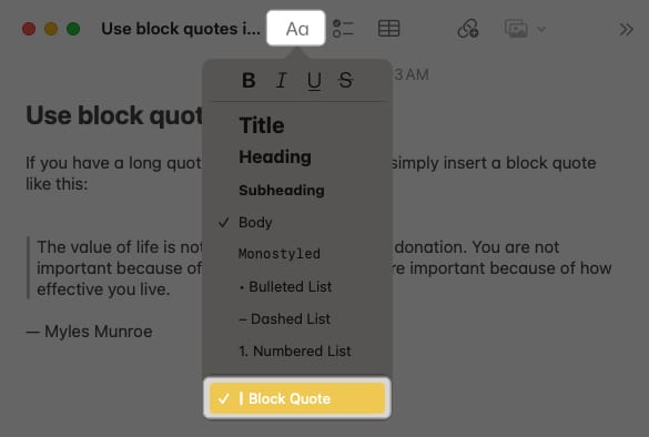 Remove block quotes on Mac