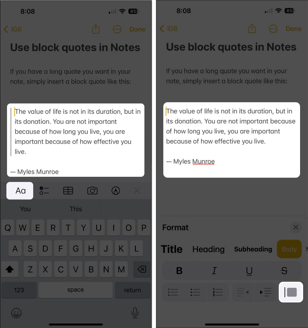 Remove block quotes on iPhone