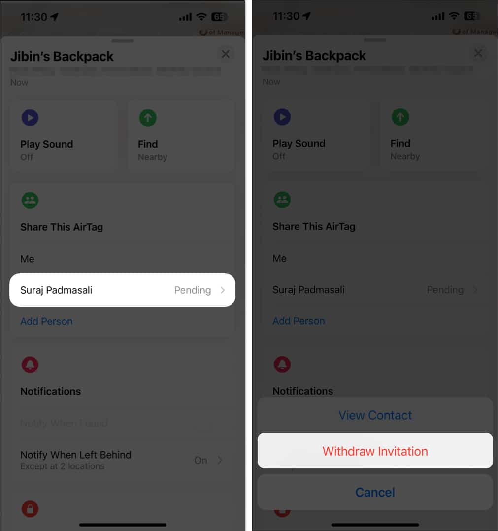 Remove pending AirTag invitation on iPhone