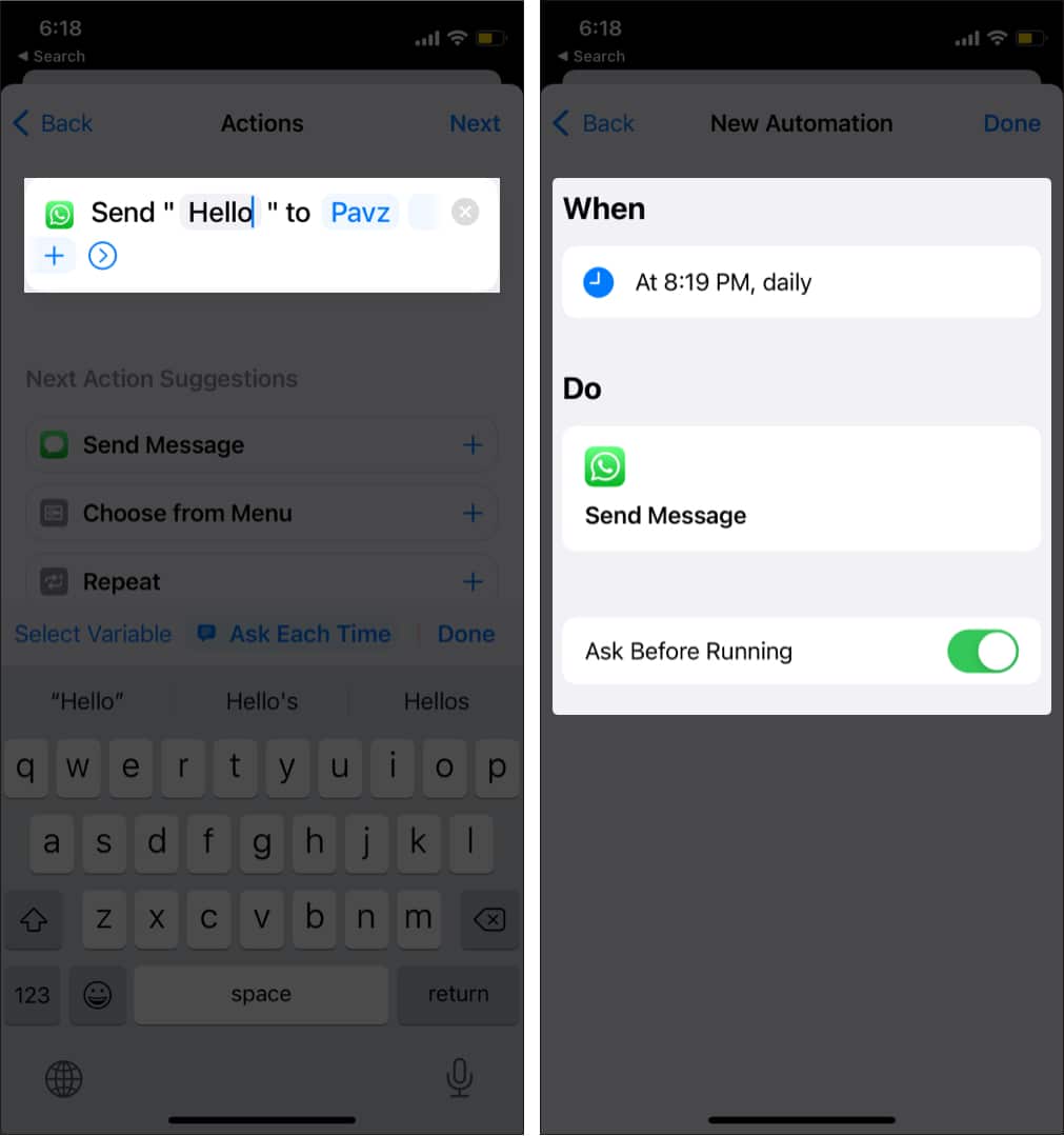 Schedule WhatsApp message on iPhone with Shortcuts Automation