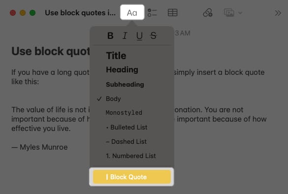 Select Text and select Format and Tap Block Quote