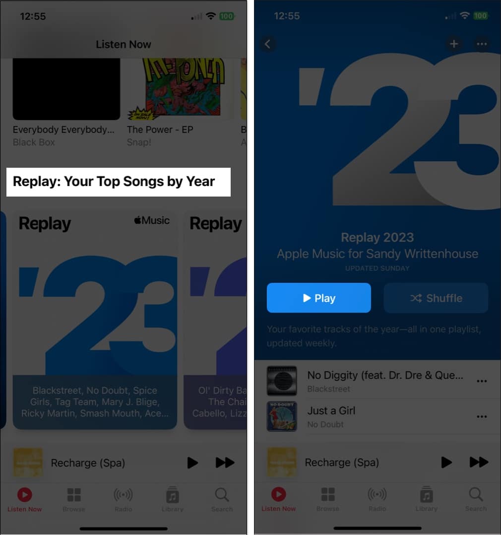 Select replay feature and play in apple music