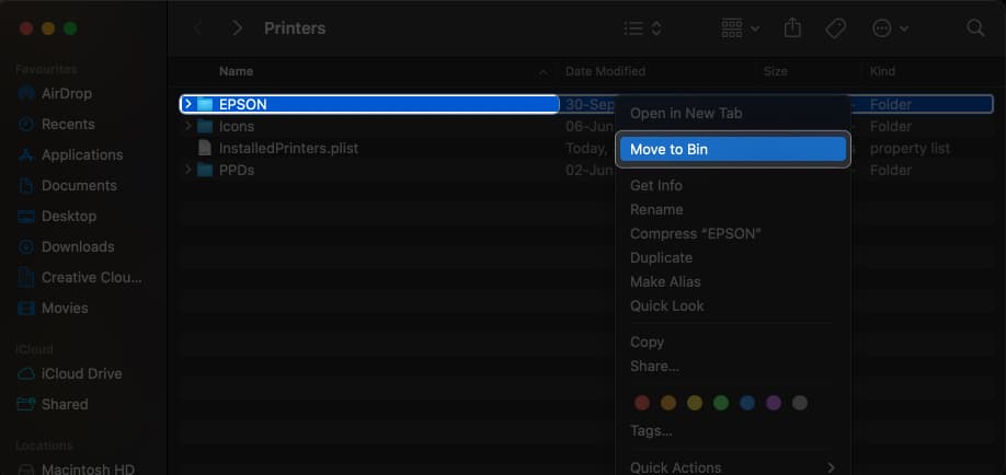 Select the printer folder and click Move to bin