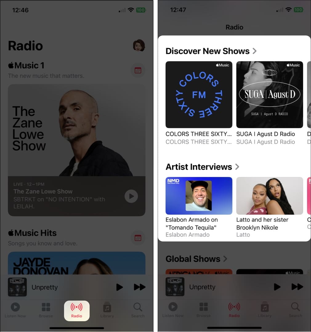 Tap radio option to access radio shows