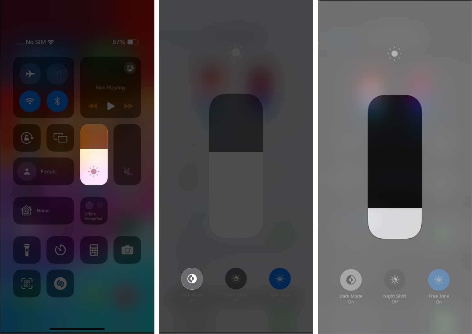 Tap the brightness slider dark mode in control centre