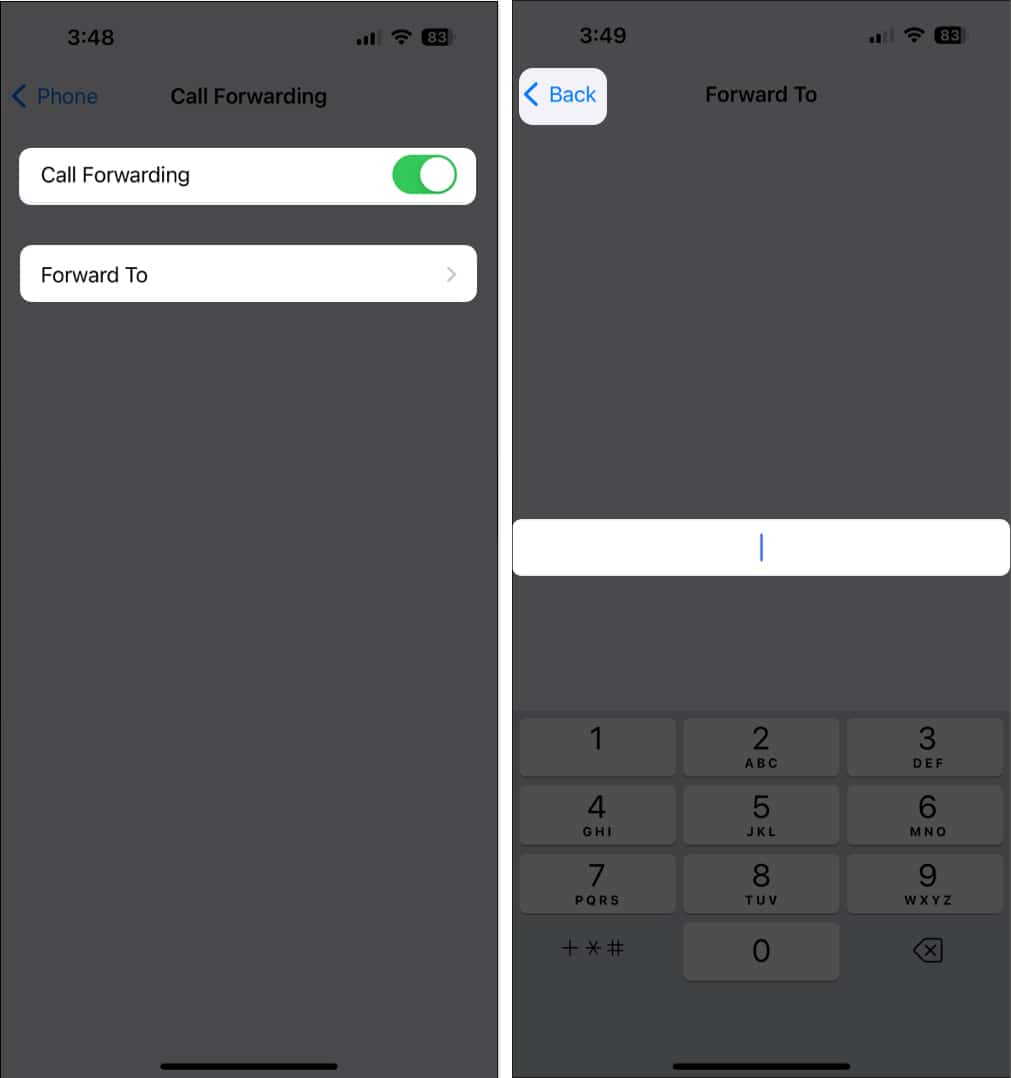 Toggle on Call Forwarding and select Forward to and enter number