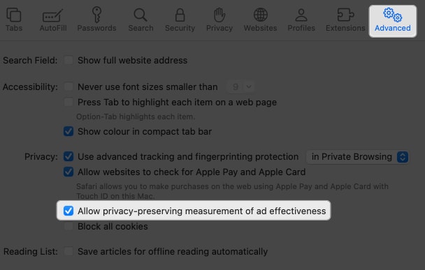 go to advanced, select allow privacy-privacy-preserving measurement of ad effectiveness in safari on mac