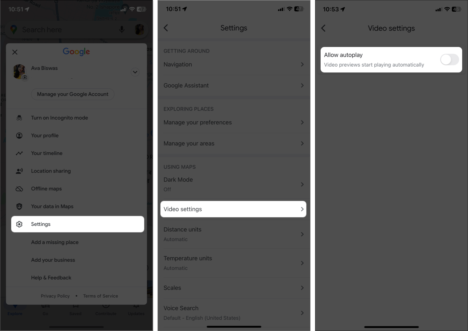 go to profile, settings, video settings, toggle off allow auto-play in google maps
