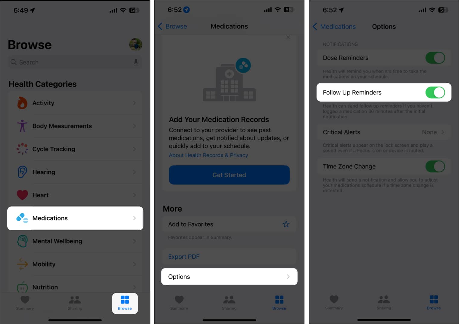Browse, Medications, Options, toggle on Follow up reminders in Health