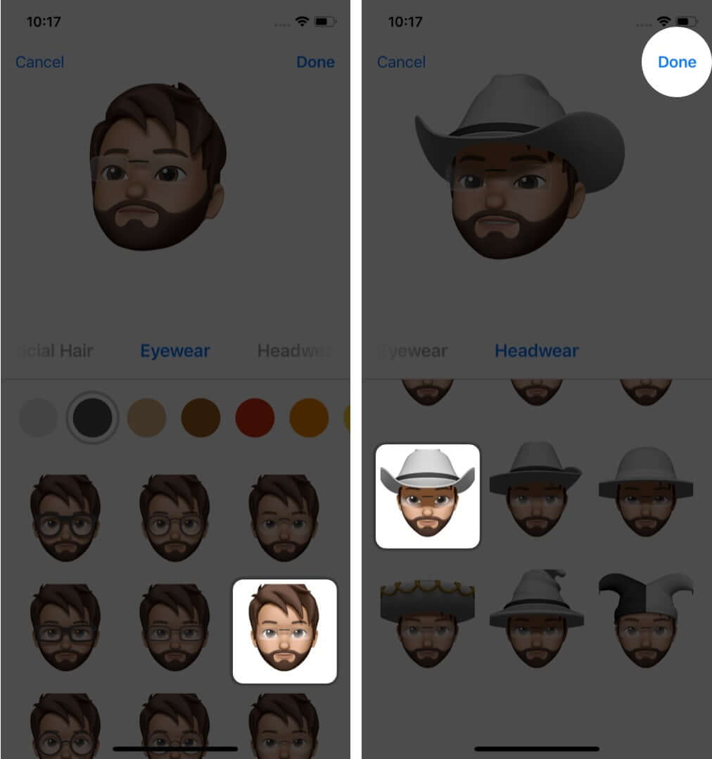 Choose Eyewear Headwear and Tap on Done to to Make Memoji on iPhone