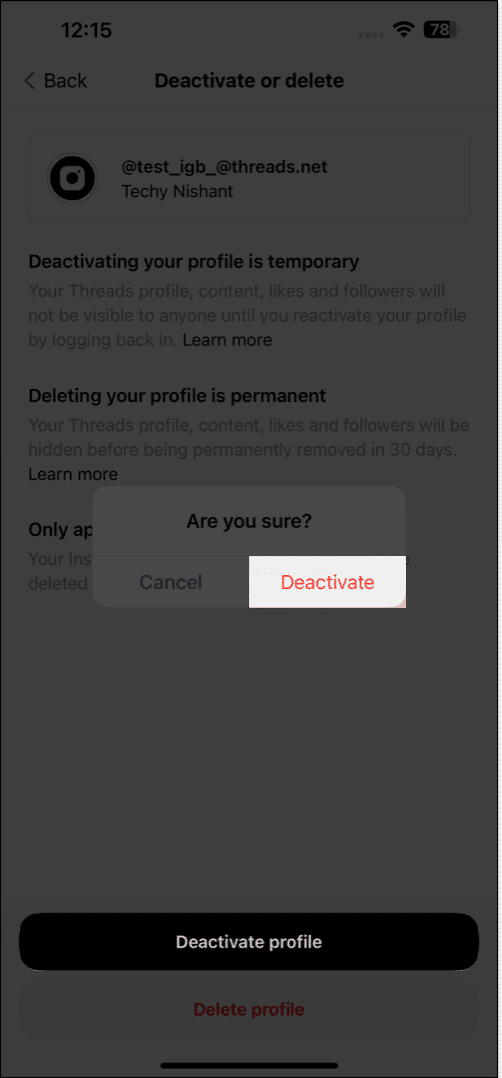 Deactivate Threads profile