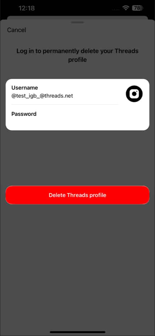 Enter Password, Delete Threads Profile