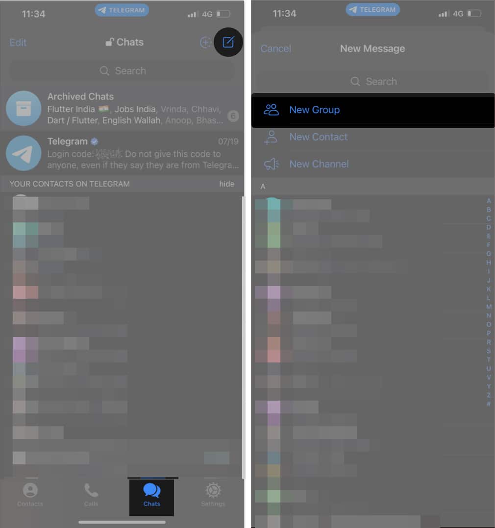 Navigate to the Chats tab, tap the New message icon, and select New Group