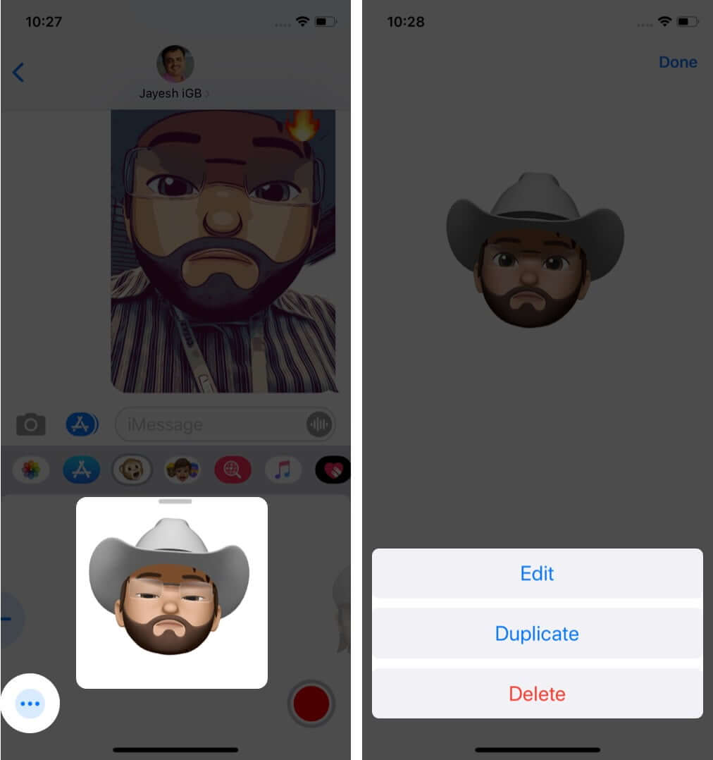 Select Memoji Tap on Three Dots and Then Select Preferred Option
