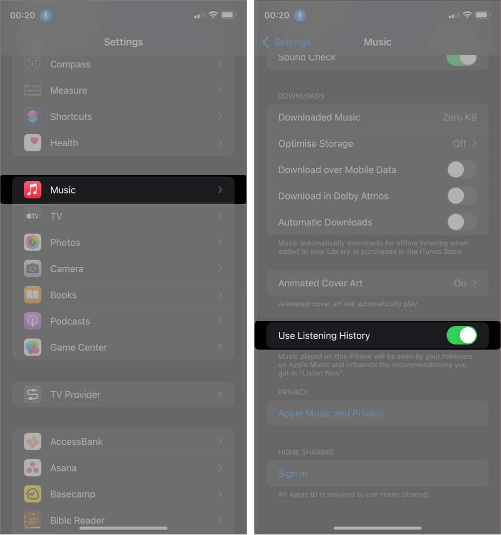 Switch on the Use Listening History option in your iPhone settings