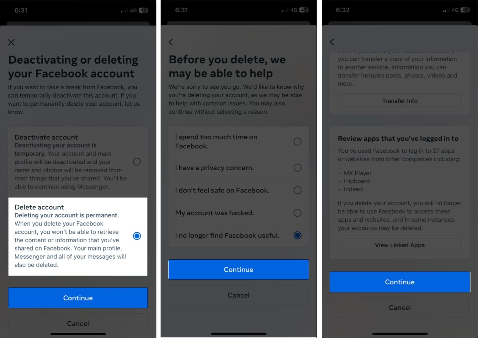 Tap delete account, continue, continue in facebook app