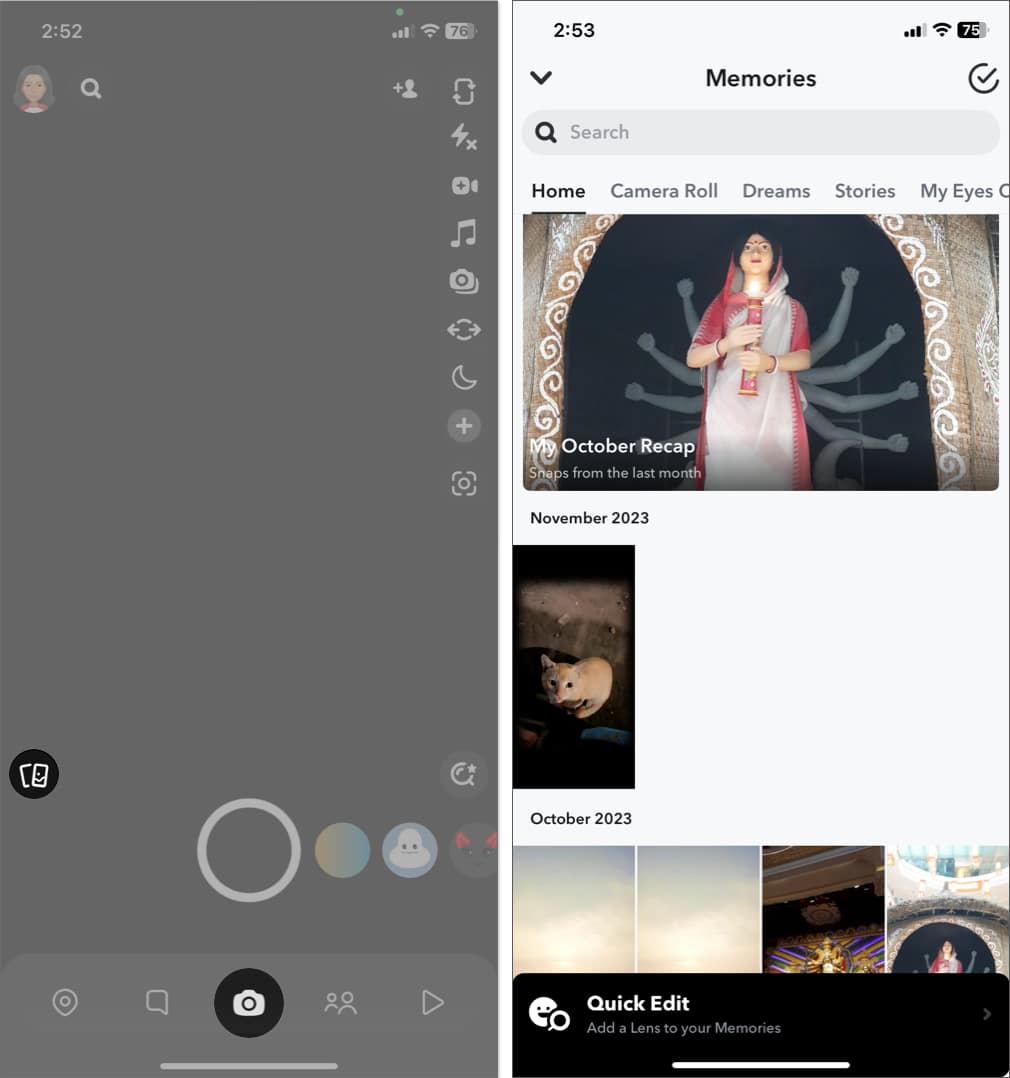 go to camera, tap albums, select memories in snpachat