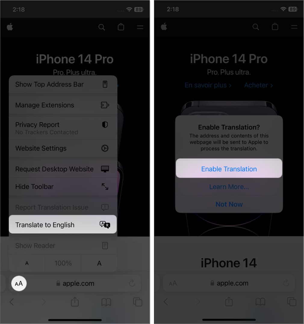 tap aa icon, select translate language, tap enable translation in safari