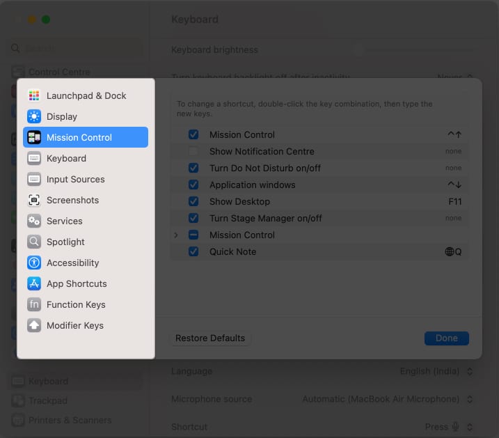 Access the available keyboard shortcuts on mac