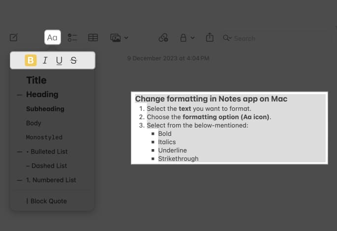 Change formatting in Notes app on Mac