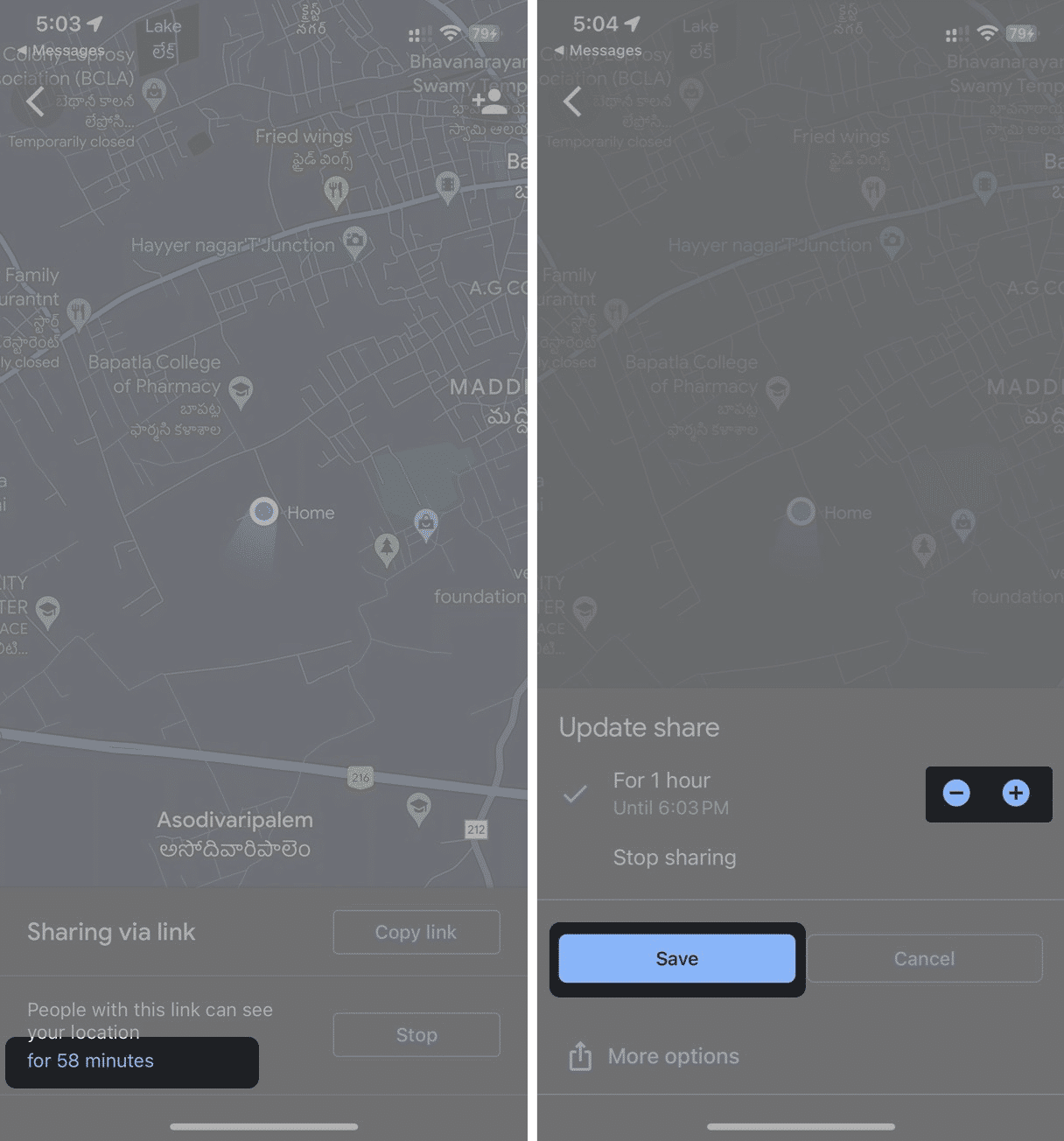 Changing the duration of live location sharing in Google Maps