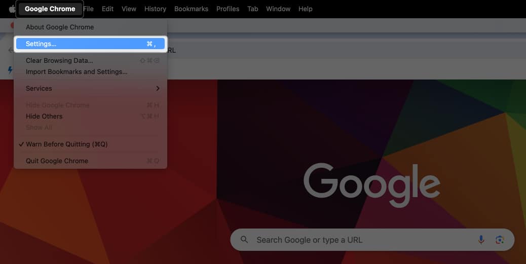 Click Chrome in menu bar and tap Settings on Mac