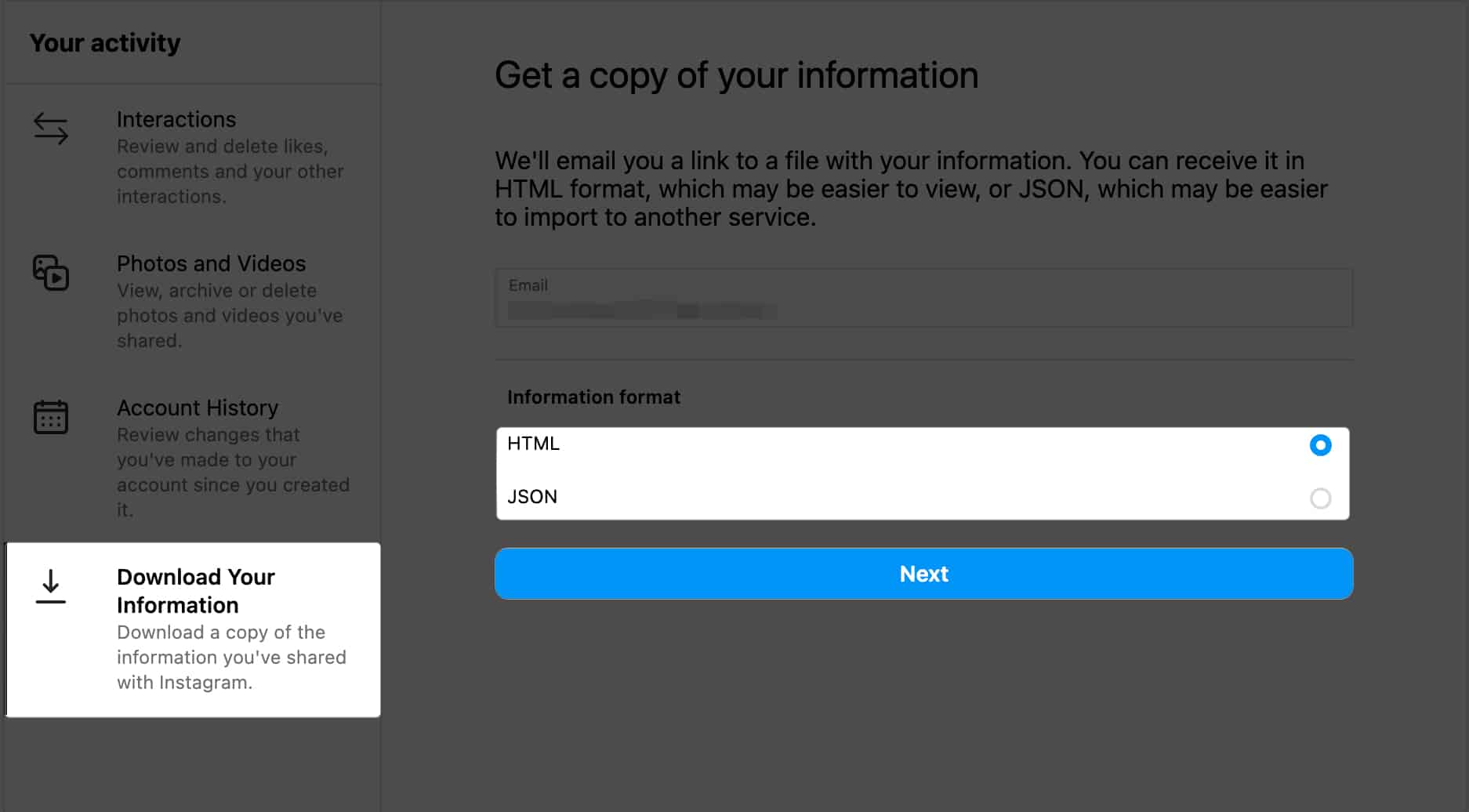 Click Download Your Information select file format click download in Instagram on mac