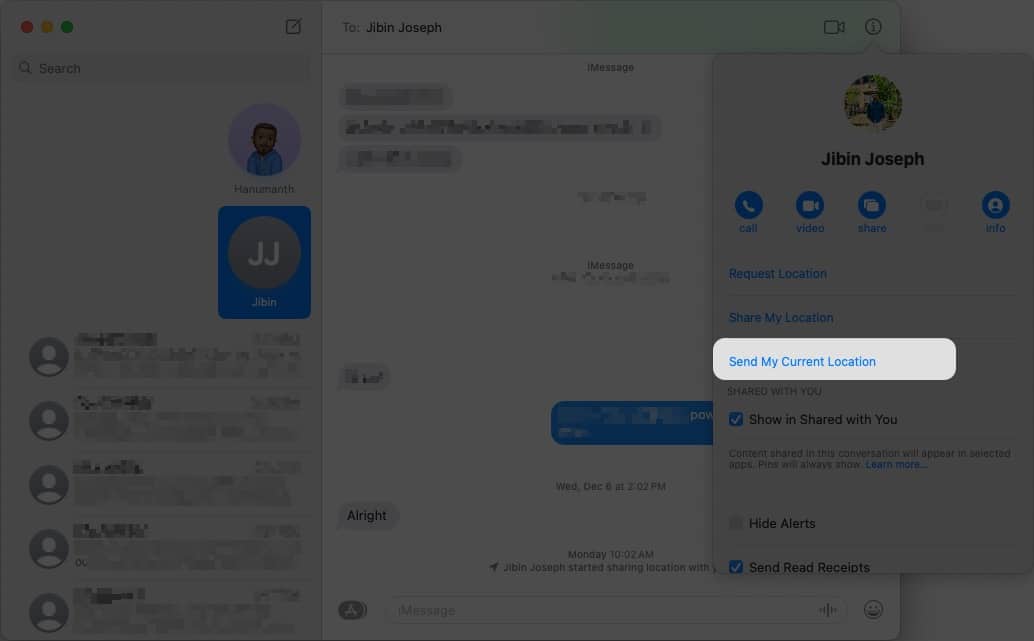 Click Send My Current Location from the Info button in the Messages app on Mac