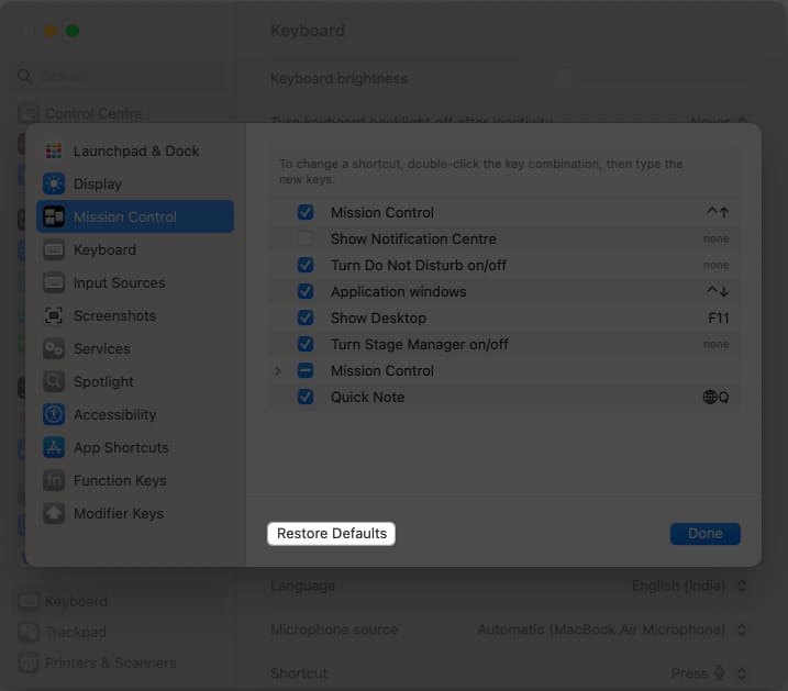 Click restore defaults to revert back keyboard shortcuts