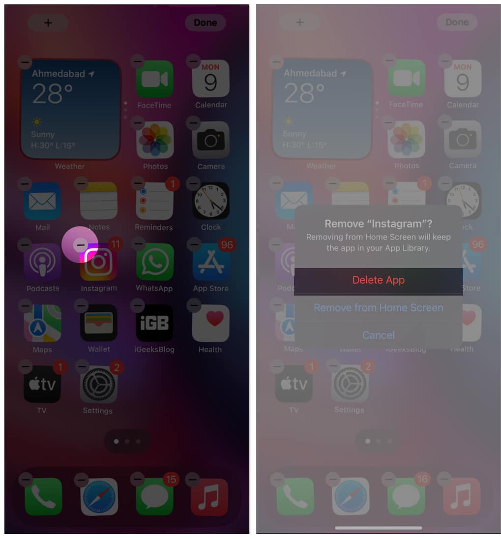 Delete Instagram App on iPhone Home Screen