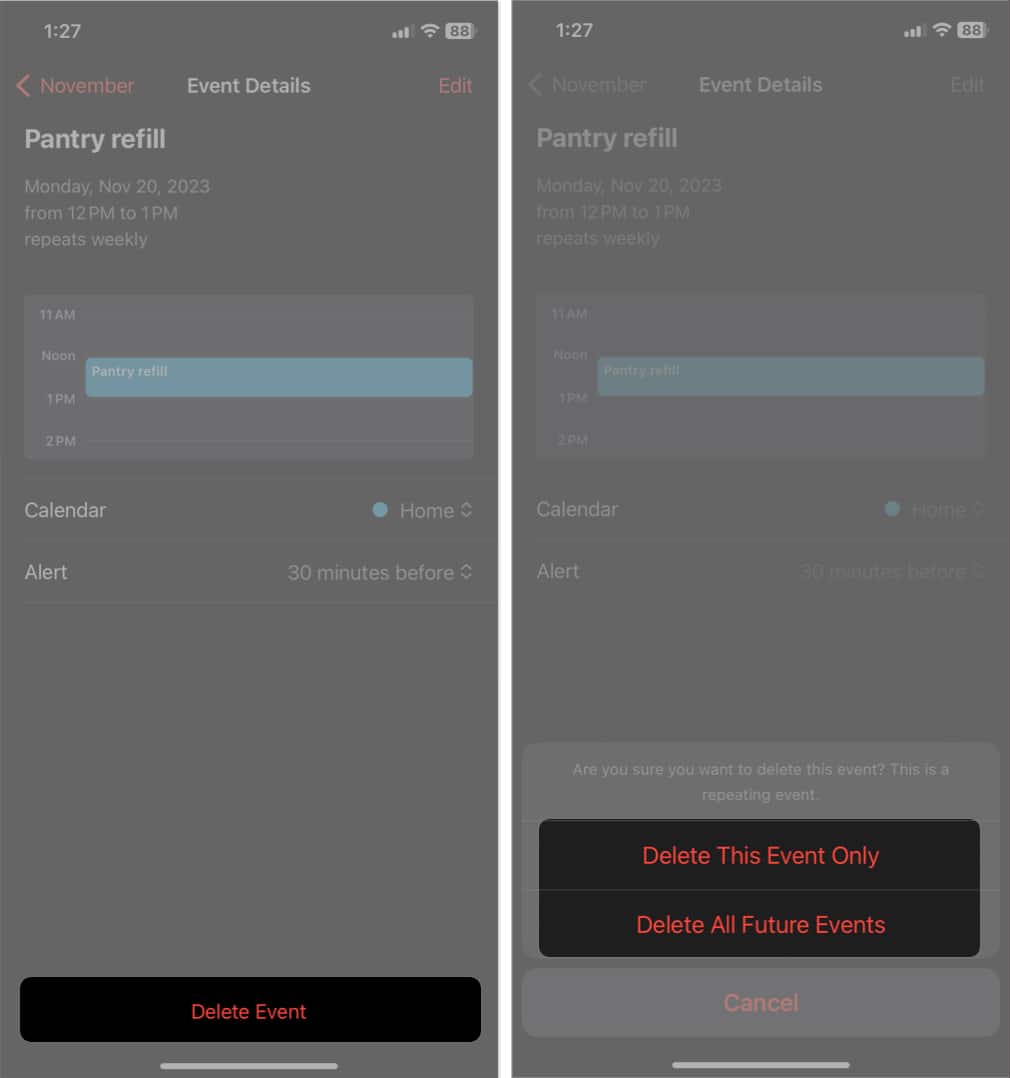 Delete a repeated event in the iPhone Calendar