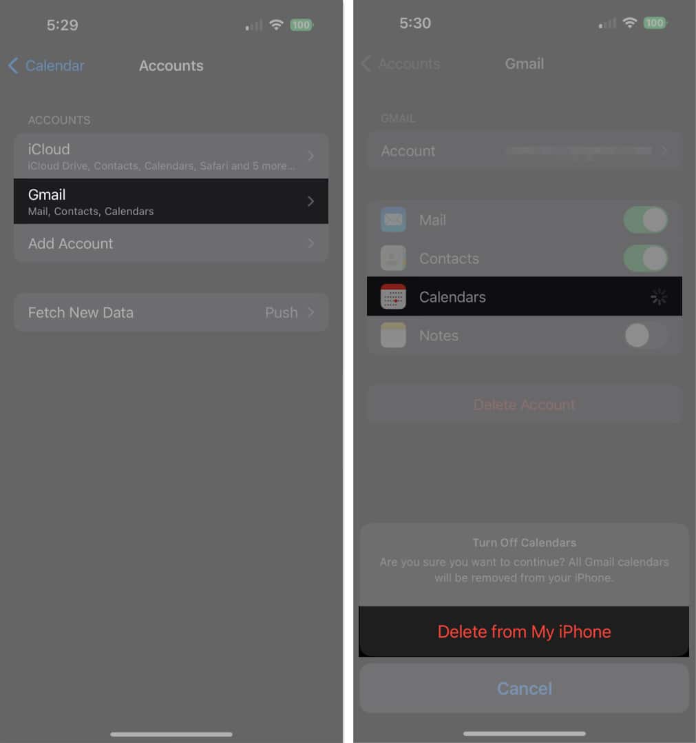 Delete from my iPhone in Calendar Accounts Settings