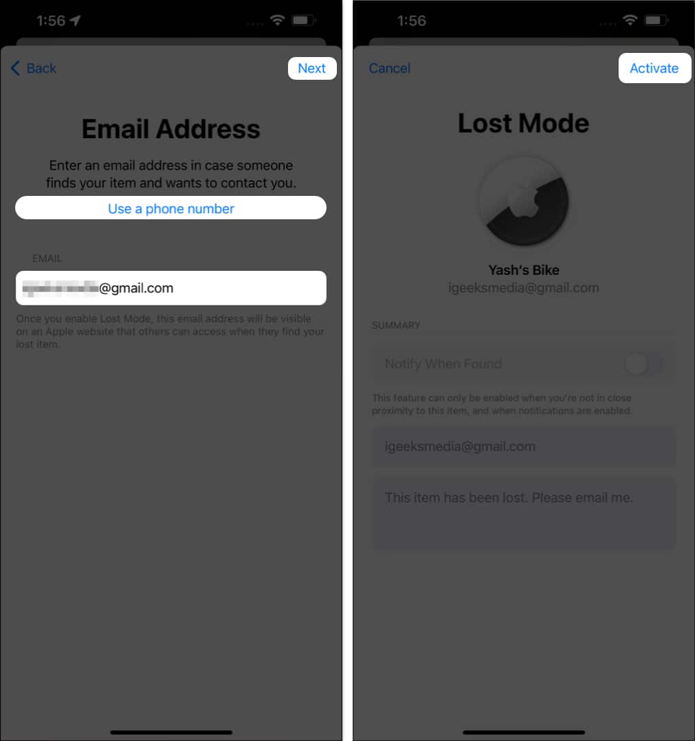 Enter Email ID, Next, Activate in Find My