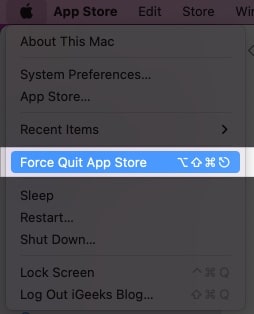 Force quit all apps on Mac, from Menu Bar, Apple logo, select Force Quit