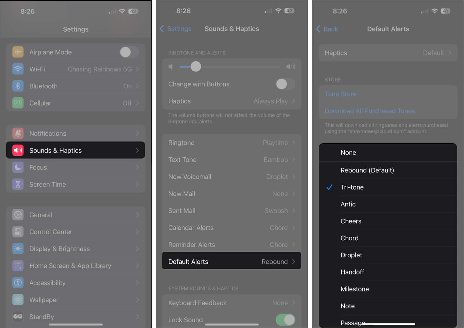 Head to Sound  Haptics Default Alerts and select new tone