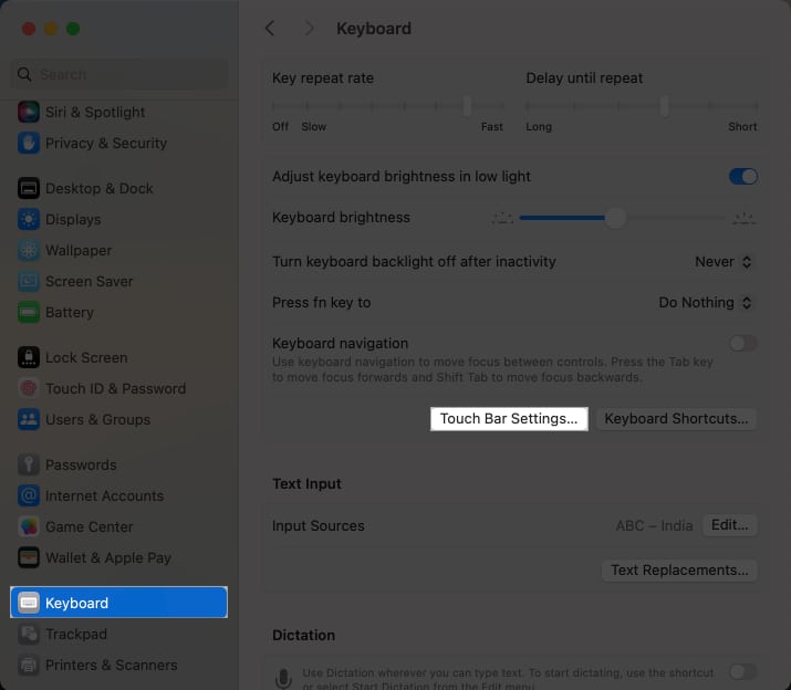 Keyboard, Touch Bar Settings