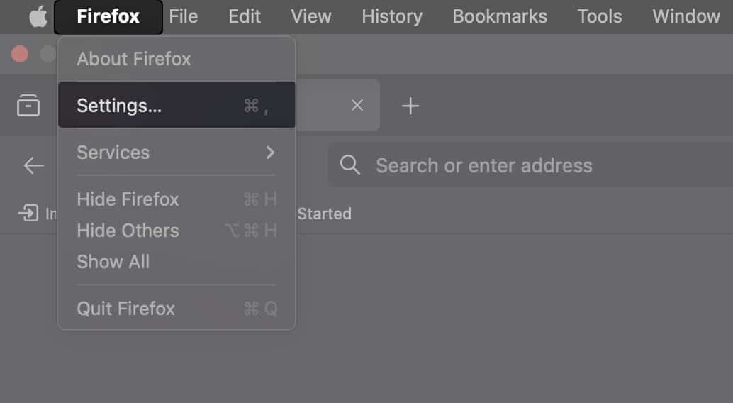 On the menu bar, click Firefox and Tap Settings