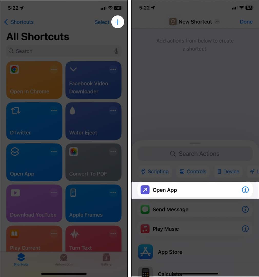 Open Shortcuts app tap plus sign and search Open App action