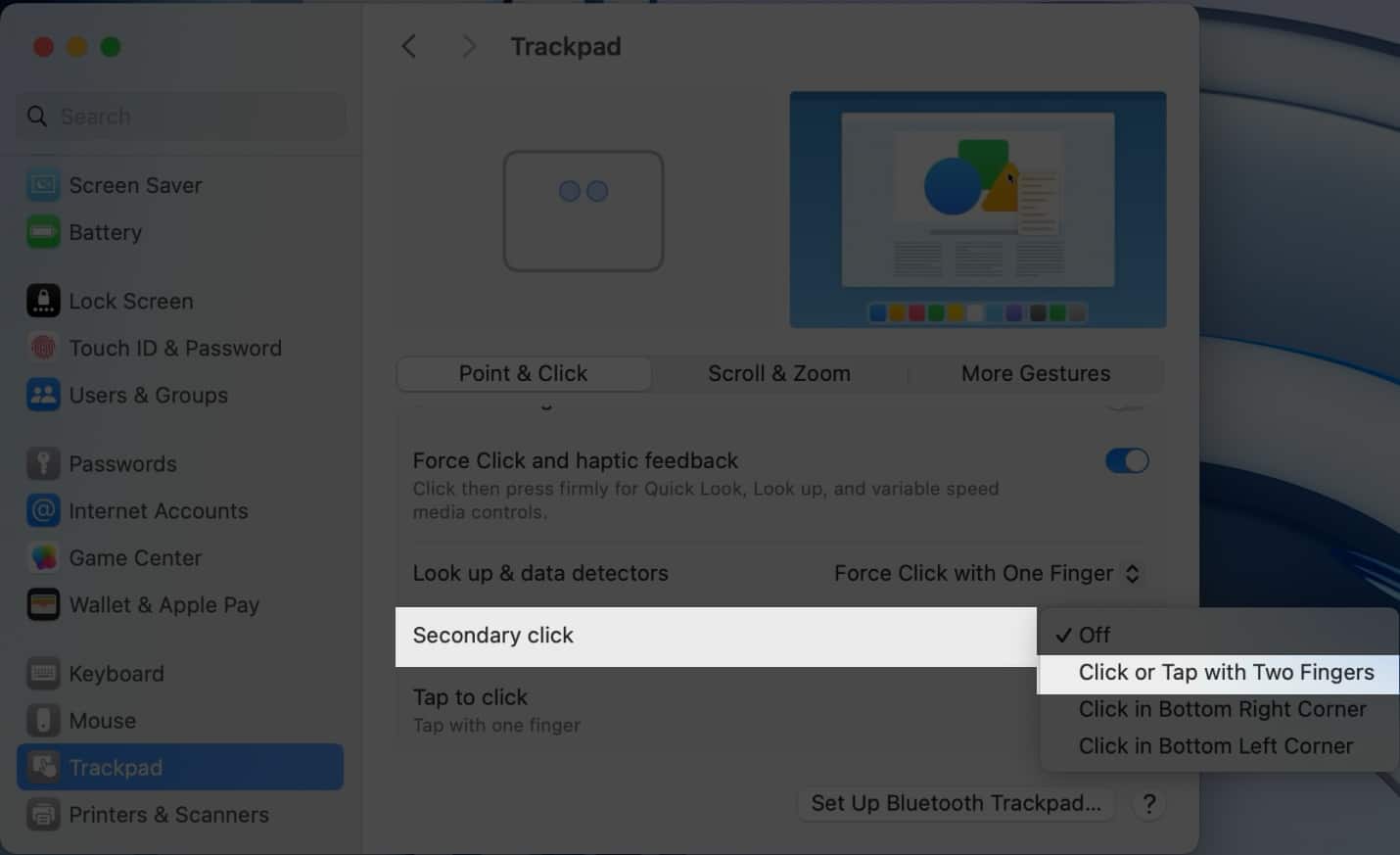 Secondary click settings in System Settings under Trackpad section
