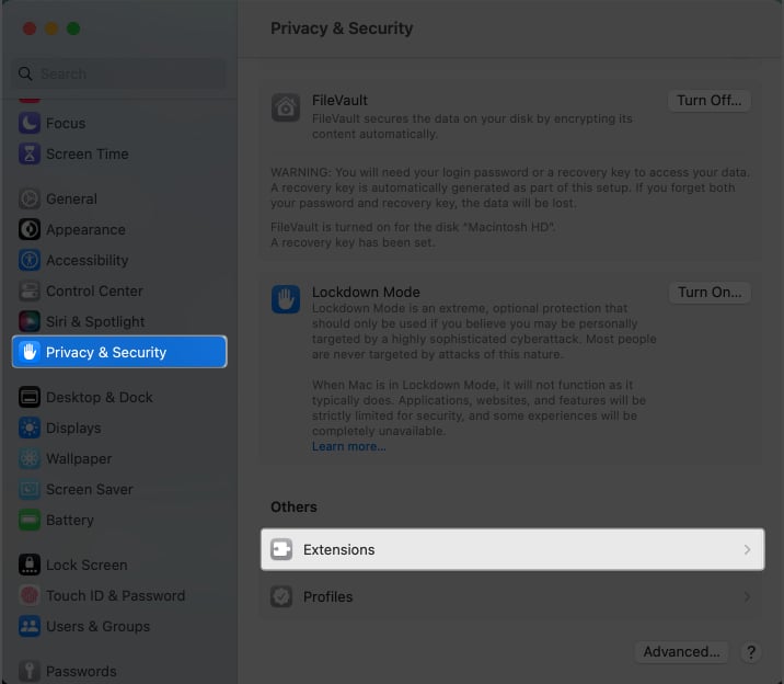 Select Extensions under Others in Privacy and Settings