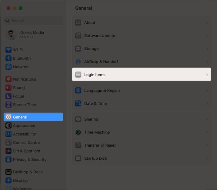 Select general and login items in mac settings