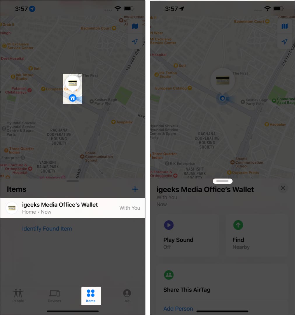 Select your AirTag, access the action menu in Find My