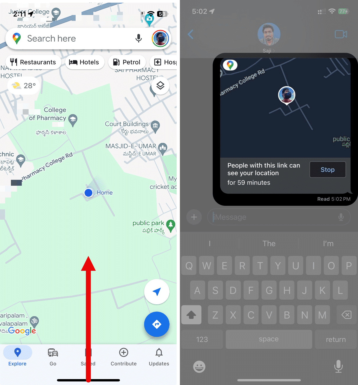 Swipe up from Google Maps and go back to Messages app